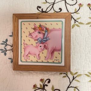 Framed Pink Pig Mother & Piglet Tile Art